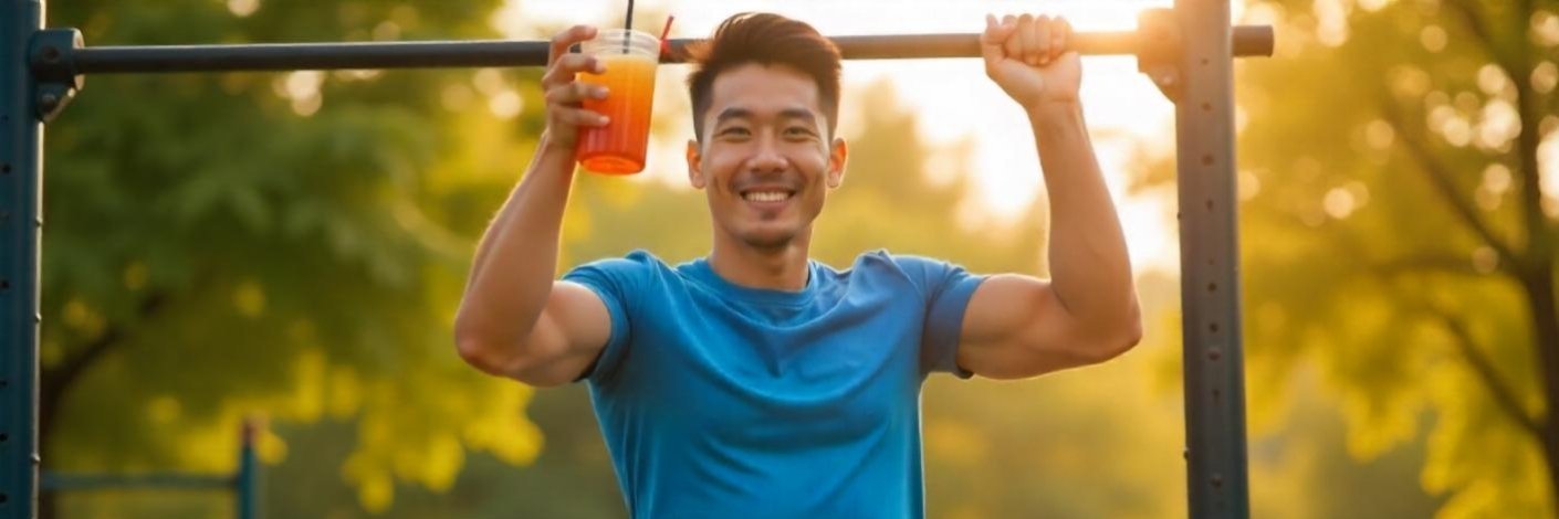 Fit man lifting weights with a testosterone-boosting smoothie