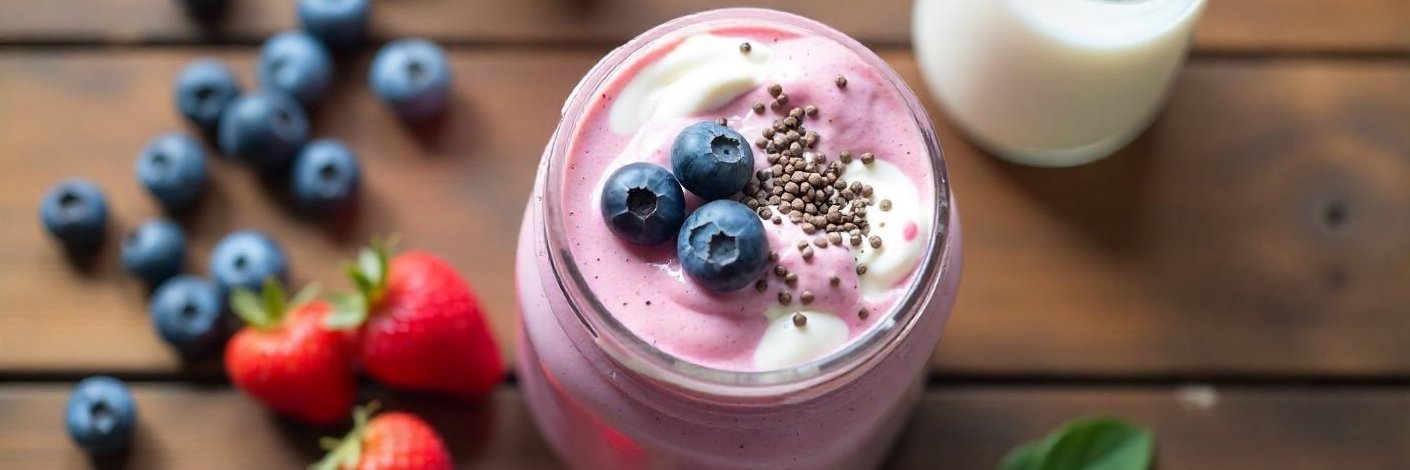 Smoothie ingredients Greek yogurt, berries, chia seeds.
