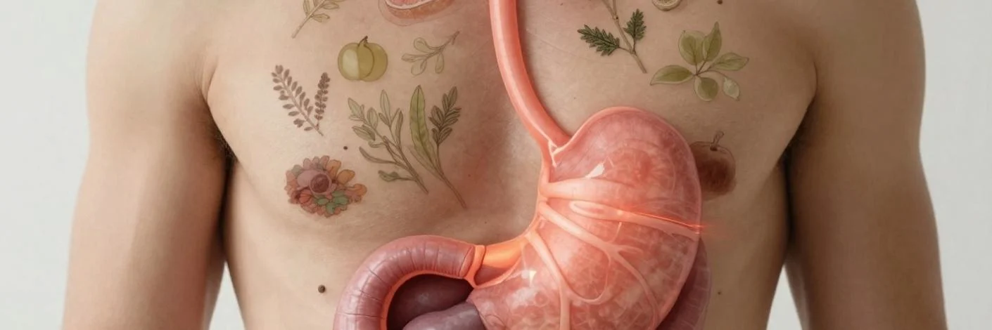Human torso illustration showing acid reflux disease and stomach discomfort