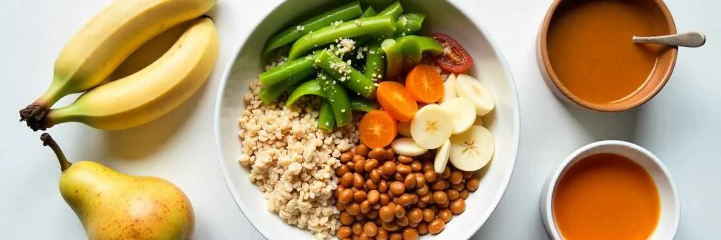 Reflux-friendly foods like oatmeal, bananas, steamed veggies, and warm soup.