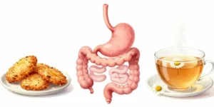 Ten worst foods for acid reflux with stomach illustration showing trigger foods and healthy alternatives