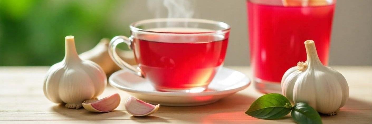 Natural remedies for high blood pressure, featuring garlic, ginger, hibiscus tea, beetroot juice, and holy basil for heart health