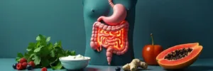 weak digestion symptoms illustration with healthy gut and digestive foods