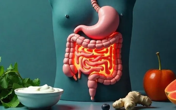 weak digestion symptoms illustration with healthy gut and digestive foods