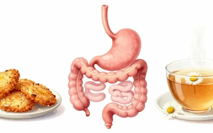 Ten worst foods for acid reflux with stomach illustration showing trigger foods and healthy alternatives
